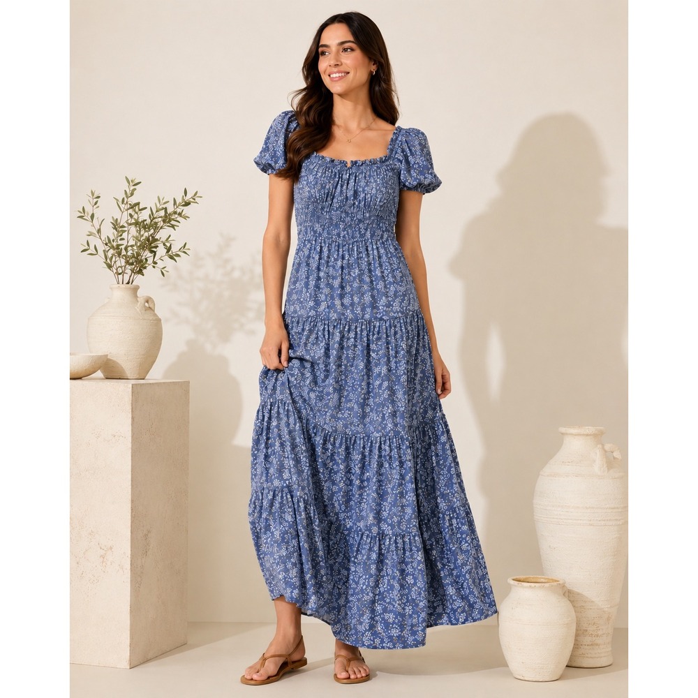 Altar'd State Floral Puff Sleeve Smocked Tiered Maxi Dress‎ Women's Large Blue